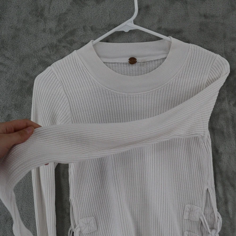 Free People One Cropped‎ Interlaken Waffle Knit Top Womens XS White Side Lace Up